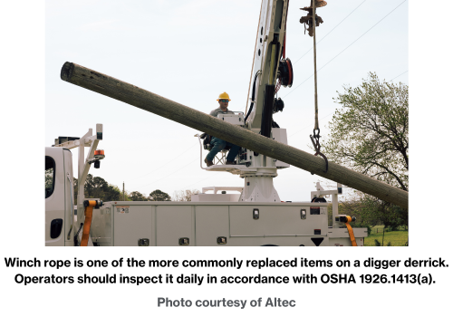 Winch rope is one of the more commonly replaced items on a digger derrick. Operators should inspect it daily in accordance with OSHA 1926.1413(a). Photo courtesy of Altec.