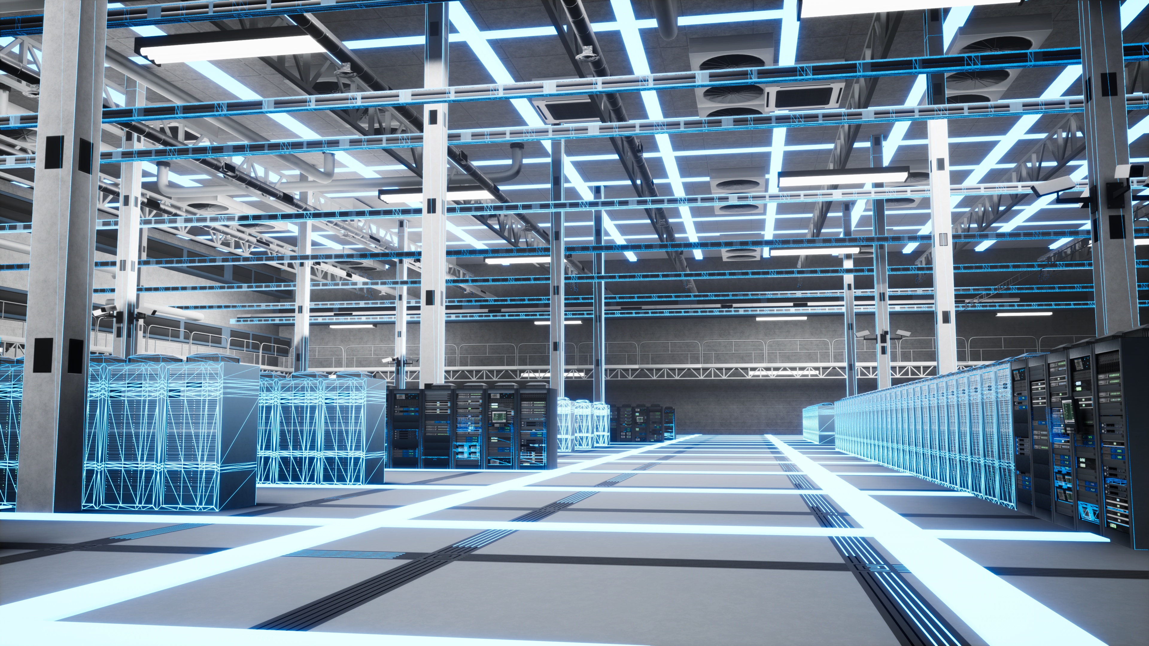 Maintenance, system upgrades and AI hardware mainframes in data center, digital twin scanning. Blue VFX diagnostic scan of server cabinets used for system health check and operational uptime