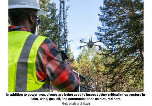 In addition to powerlines, drones are being used to inspect other critical infrastructure in solar, wind, gas, oil, and communications as pictured here. Photo courtesy of Skydio.