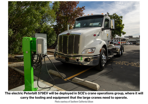 The electric Peterbilt 579EV will be deployed in SCE’s crane operations group, where it will carry the tooling and equipment that the large cranes need to operate.