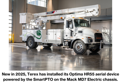 New in 2025, Terex has installed its Optima HR55 aerial device powered by the SmartPTO on the Mack MD7 Electric chassis.