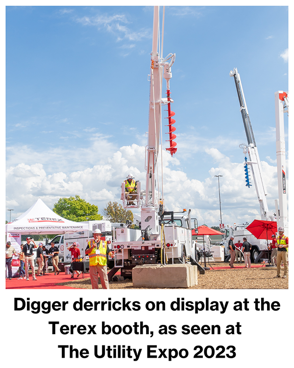 Digger derricks on display at the Terex booth, as seen at The Utility Expo 2023