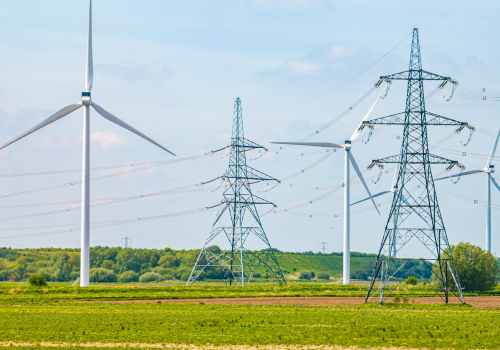 Electric high voltage tower with electric line near Keadby Power Station, England, UK