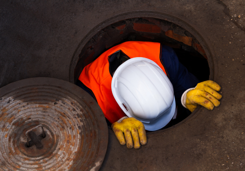 A Worker, man going down to work in sewage.