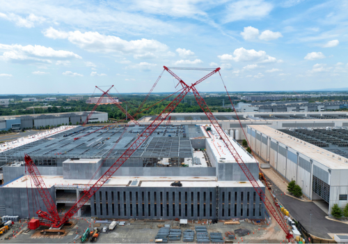 Ashburn, Virginia, United States - July 04, 2024: An aerial view of a data center being constructed inside "Data Center Alley" in Ashburn. Northern Virginia is the largest data center market in the world.