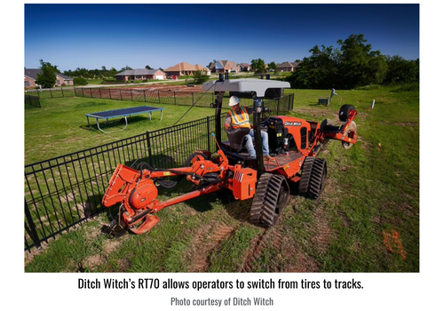 Ditch Witch’s RT70 allows operators to switch from tires to tracks. Photo courtesy of Ditch Witch. 