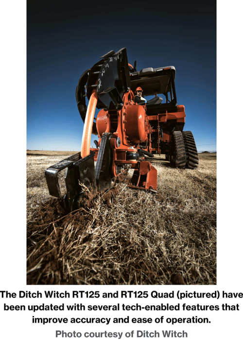 The Ditch Witch RT125 and RT125 Quad (pictured) have been updated with several tech-enabled features that improve accuracy and ease of operation. Photo courtesy of Ditch Witch.