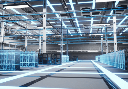 Maintenance, system upgrades and AI hardware mainframes in data center, digital twin scanning. Blue VFX diagnostic scan of server cabinets used for system health check and operational uptime